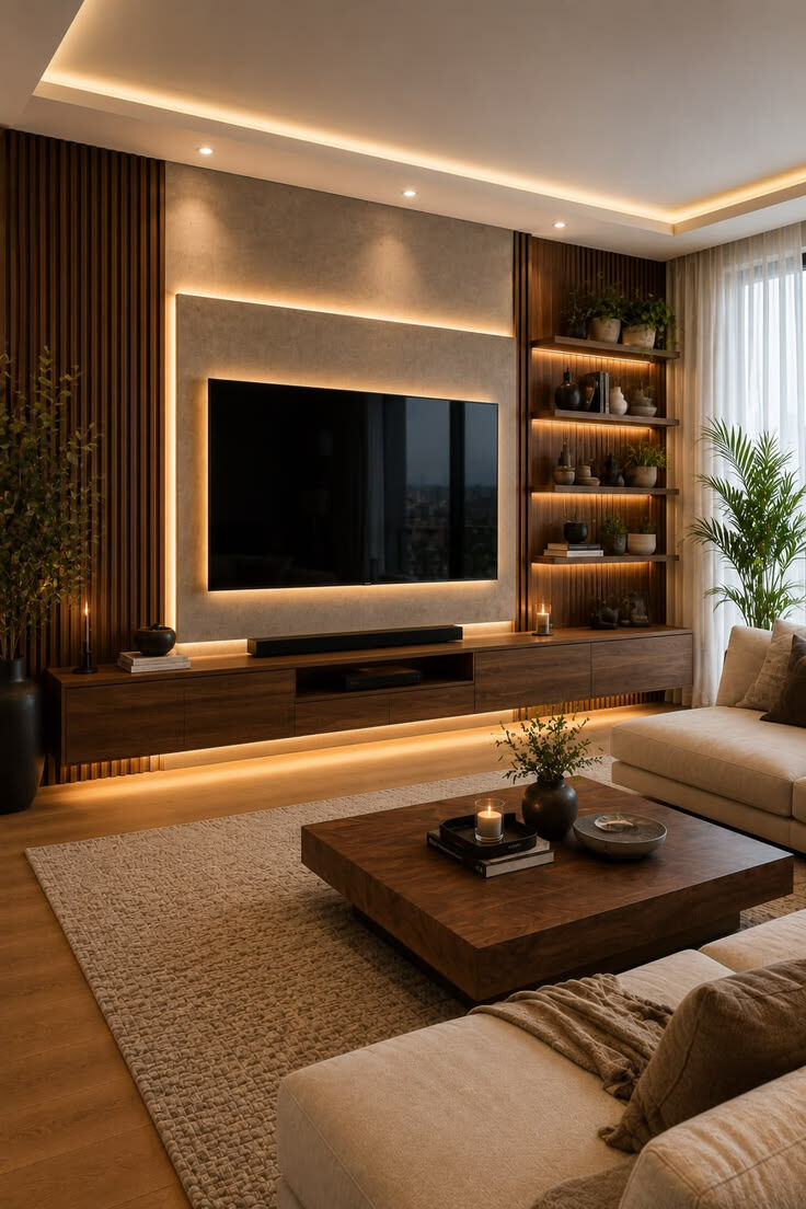Warm modern living room with lit TV wall designed by DècorLuxè, Calicut